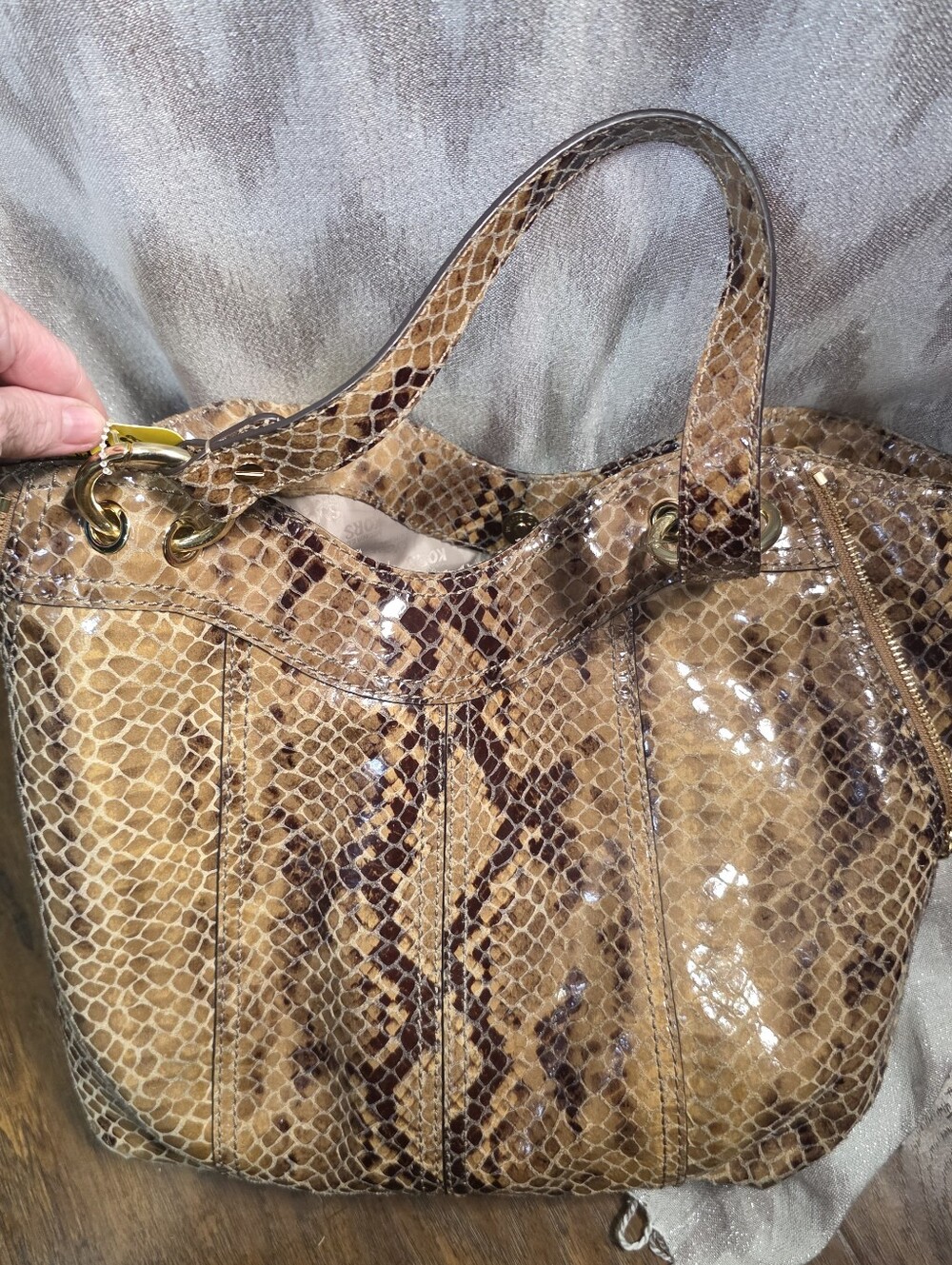 Michael Kors Moxley Python Embossed Leather Hobo Tote Brown Gold